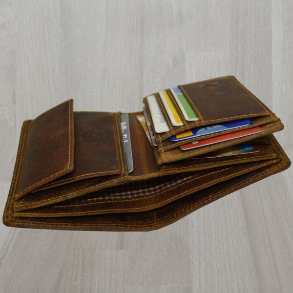 Rustikale Wildleder Herren Geldbörse Portemonnaie Dunkelbraun echtes Büffel Rindleder Hochformat Doppelnaht